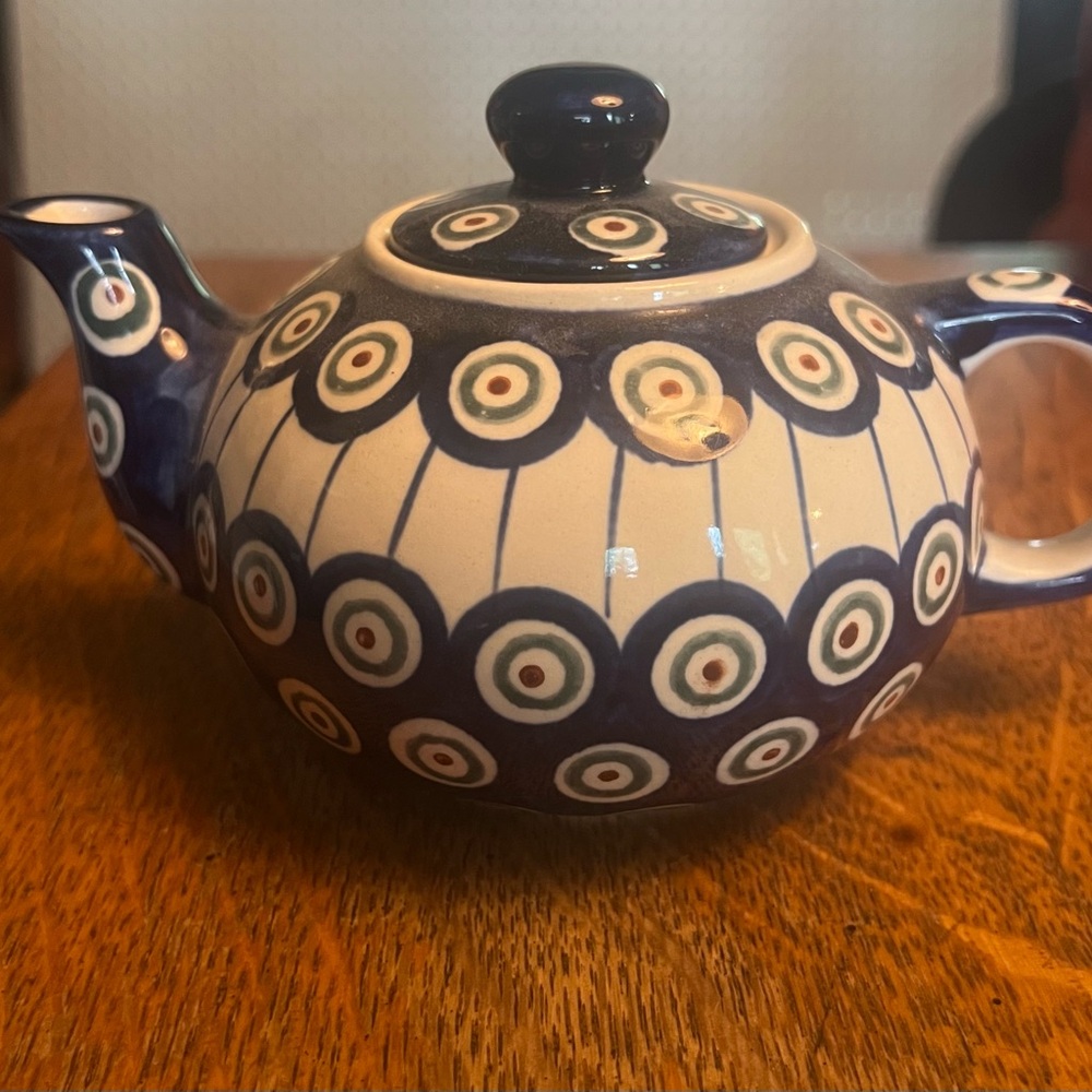 Geometric Blue and White Ceramic Art Teapot